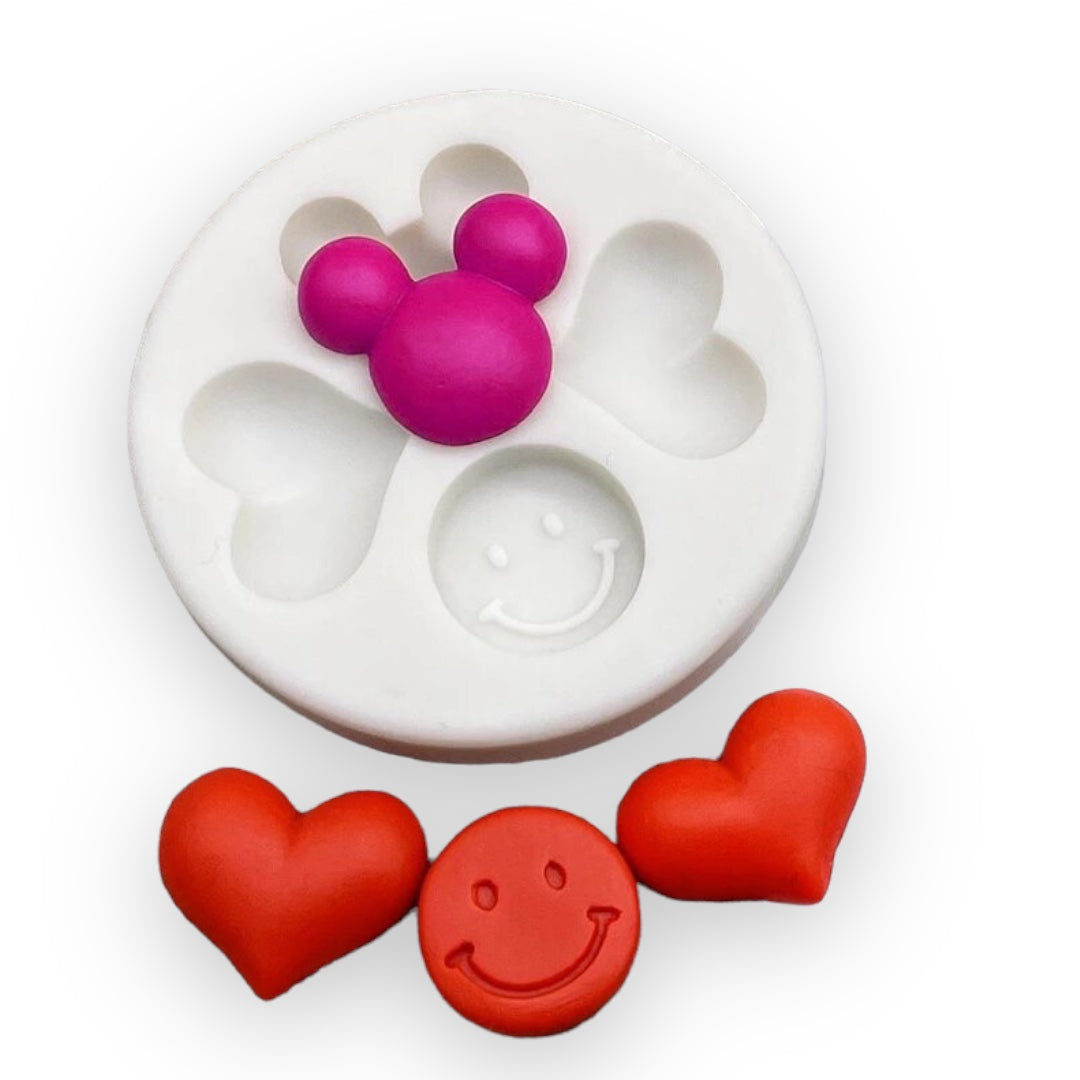 Molde Silicona Mini Corazones, Carita Feliz y Mickey