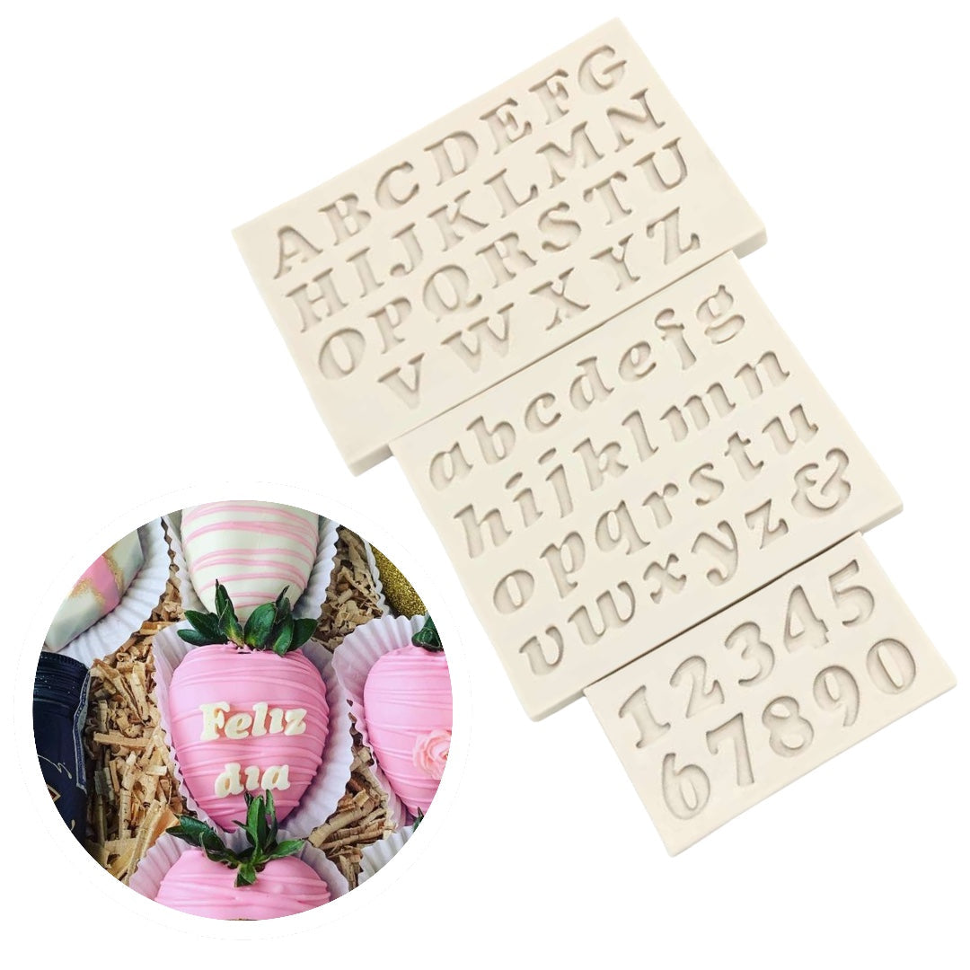 Molde Silicona Alfabeto Mini Mayúscula, Minúscula y Números (Set x 3 Moldes)