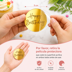 Moneda en Acrílico Espejo Happy Birthday x 5 Unidades